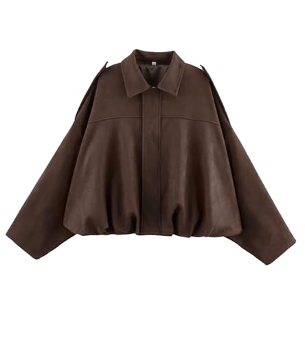 Bnigung Damen-Bomberjacke aus Wildlederimitat, lässiges Revers, übergroße Motorradjacke, Kaffee, S