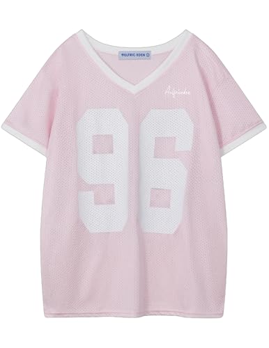 Aelfric Eden Womens Jersey Tshirts Letter Printed Tees V Neck Mesh Short Sleeve 2025 Y2k Summer Casual Tops Clothes