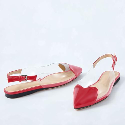 Women's Fashion Pointed Toe Heart Transparent PVC Slingback Flat Shoes Comfort Slip On Cap Toe Clear Ballet Flats Work Wedding Dress Flat Shoes for Women Red Size 72
