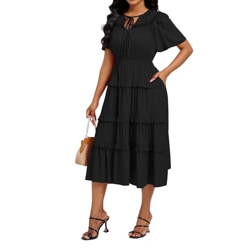 Image of Women's Short Sleeve Summer Boho Pleated Rayon Mid Dresses with Pockets for Wedding Guest