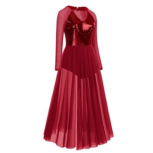 Odasdo Women Lyrical Dance Costume Adult Morden Contemporary Ballroom Dancewear Glitter Sequin Long Sleeve Mesh Tulle Flowy Maxi Long Dress Ballet Leotard Outfit Ball Gowns Dark Red Xs #TOP2