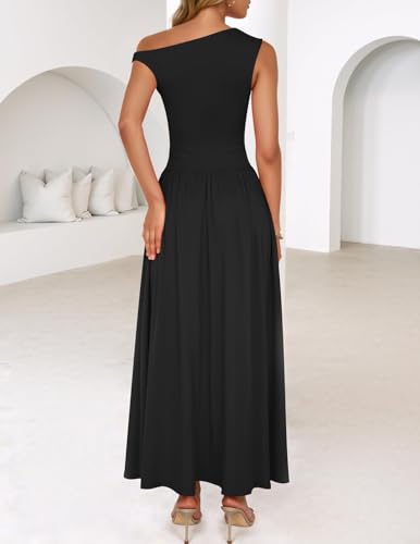 ZESICA Women's Summer 2025 Sleeveless Maxi Dress One Shoulder Casual Slim Swing Pleated Formal Dresses with Pockets3