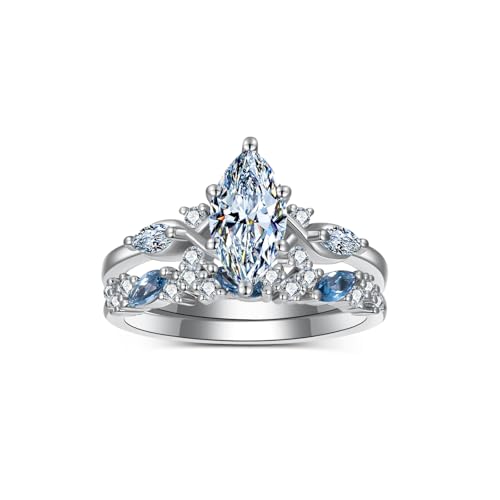 2.0 Carat(ctw) Marquise-Cut Moissanite Engagement Rings Sets for Women,10K 14K 18K Solid Gold Aquamarine Wedding Rings Sets,Bridal Ring Sets with Free Engraving - Main Image