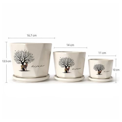 Image of Xtore Graceful Tree Motif Ceramic Planter Pots Set of 3 with Drainage Tray | Decorative Indoor Plant Holders for Living Room, Balcony & Office Desk Styling (Cream, 16.7 /14 /11 cm)