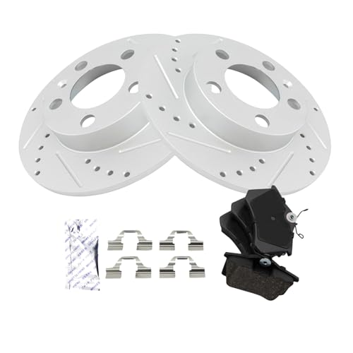 Image of TRQ Performance Rear Brake Pad and Rotor Set Ceramic Coated Drilled Slotted Solid Rotors Compatible with 2000-2006 Audi TT 1999-2008 Volkswagen Beetle 1999-2006 Golf 1999-2005 Jetta