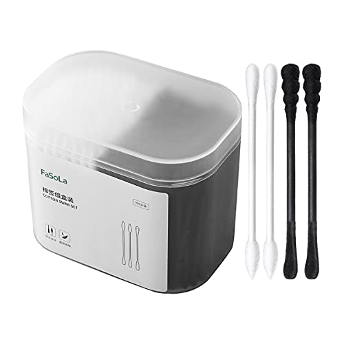 FaSoLa 300 Count Cotton Swabs with Paper Sticks, Double Round Cotton Tip for Makeup, Natural Cotton Buds for Ears, Kids Safety Swabs with Storage Box