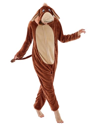 JUOLOET Unisex Adult Onesie Pajamas Donkey Animal One Piece Snug Fit Halloween Costume Sleepwear HomewearBrown Donkey XX-Large