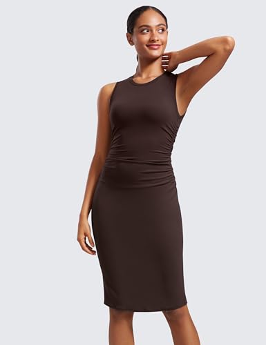 Image of CRZ YOGA Butterluxe Ruched Midi Casual Dress | Removable Pads, Extremely Soft, Bodycon, Crewneck, Party, Sleeveless, Pencil, Outfits for Women