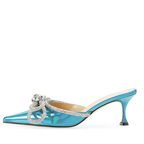 Keleimusi Sparkle Double Bow Heeled Mules Crystal-Embellished Slip On Iridescent Upper Kitten Sandals Blue cover