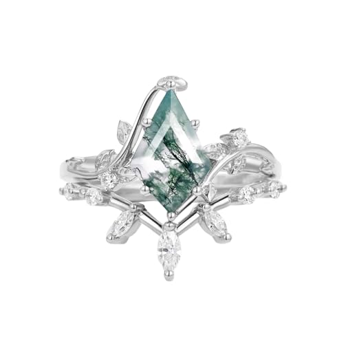 925 Sterling Silver 10K 14K 18K Gold Natural Moss Agate Engagement Ring Sets for Women 1.5CT Kite Cut Leaf Moss Agate Wedding Ring Sets with Moissanite2