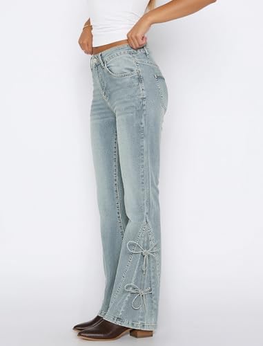 Women Bell Bottom Jeans Lace Up Bow Stretch Flare Denim Pants Cute Y2k Vintage Clothes2