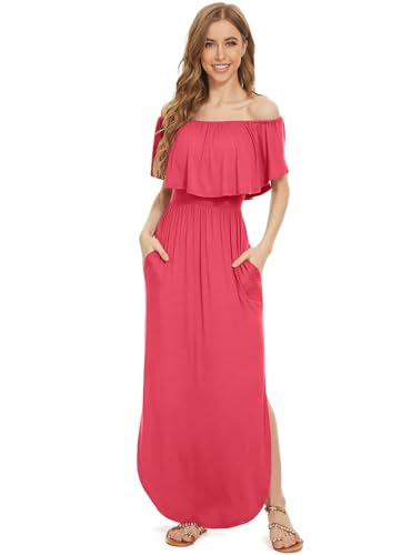 Image of LILBETTER Womens Off The Shoulder Ruffle Party Dresses Side Split Beach Maxi Dress