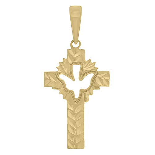 14k Yellow White or Rose Gold Descending Dove and Olive Leaves Glory Cross Charm Pendant