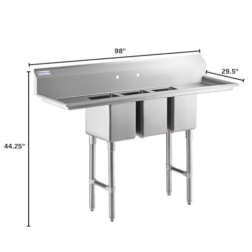 Image of Empura 98 inch Wide Stainless Steel Three Compartment Commercial Sink | Utility 10 inch x 14 inch Bowl for Restaurant Laundry Garage | (2) 12 inch Drainboard, 9.75 inch Backsplash, 98 inchW x 29.5 inchD x 44.25 inchH, 16 Gauge, NSF