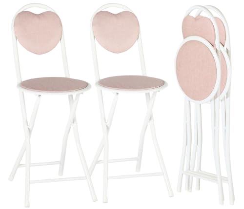 Folding Stools Set of 4, Folding Chairs with Heart-Shaped Backrest Soft Cushions Sturdy Metal Frame, Portable Party Chairs Armless Compact, Collapsible Round Folding Stool Chair, Pink