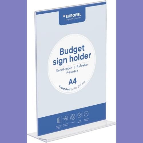 Europel Budget Tischaufsteller, T-Ständer, DIN A4 Hoch, Polystyrol 1,5 mm, Speisekarten- & Prospektständer für Restaurants, Hotels, Konferenz & Rezeption