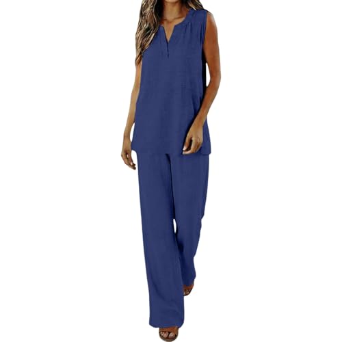 Country Festival Outfits for Women Linen Co Ord Sets Women Summer Casual Two Piece Sleeveless V Neck Tank Tops Wide Leg Pant Cotton Vacation Outfits Boho Travel Clothes Comfortable Lounge Wear