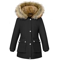 Vancavoo Girls Winter Coat Kids Puffer Jacket Padded Warm Fleece Parka Outwear with Faux Fur Hooded,Black,125-135CM