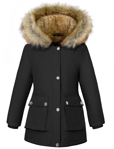 Vancavoo Winterjacke Mädchen Winter Jacke Teenager Wintermantel Länge Steppjacke Warmer Parka Kinder Mantel Kinderjacken mit Kapuze Outdoor,Schwarz,135-145CM