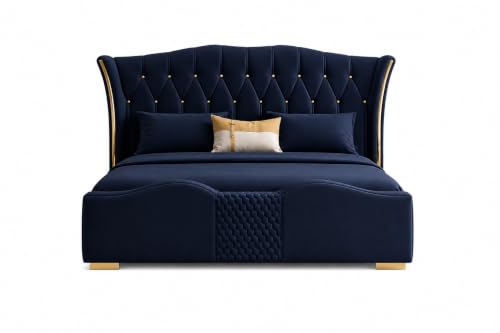 Image of Upholstered King Size Bed with Box Storage for Bedroom | Wooden Double Bed with Wooden Ply with Storage | Platform Cot Palang with Headboard | 6.5 x 6 Ft | Sheesham Wood | Navy Blue