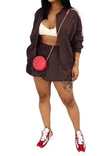 Women Mini Skirt Sets 2 Piece Outfits Zipper Long Sleeve Bomber Jacket High Waisted Bubble Skirt Set Tracksuit Party