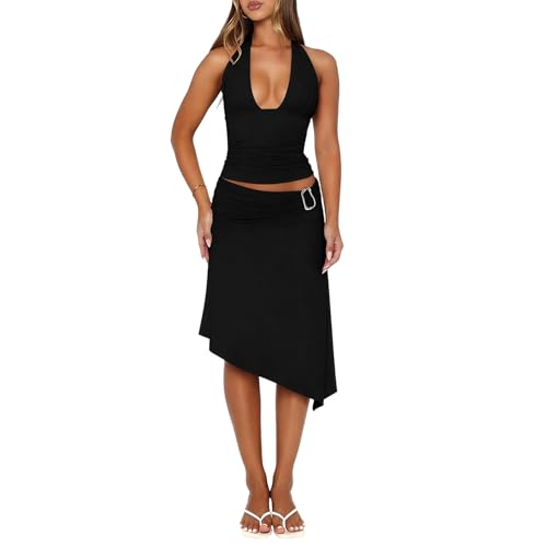 Goafuliy Womens 2 Piece Sets Deep V Neck Halter Top Asymmetrical Midi Skirt Set Summer Going Out Outfits Black S