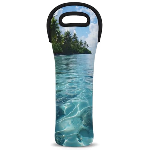 Neoprene Wine Tote Carrier Bag for Wine,Water, Champagne, Beer, Baby Bottles 15.6 x 5.1 Inches, Protective Wine Bag,Landscape Beach
