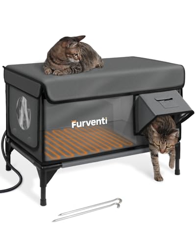Outdoor Heated Cat House in Winter,Extremely Insulated & Weatherproof,Elevated Feral Cat Shelter with Waterproof Eaves & Escape Door for Outside Stray Barn Cat (Dark Grey, XL)