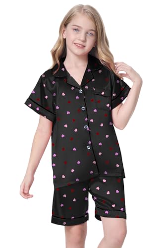Image of Schbbbta Girls Womens Pajamas, Satin Silky Pjs Set Kids 2Pcs Button-Down Nightwear Sleepwear Gift for Mommy and me