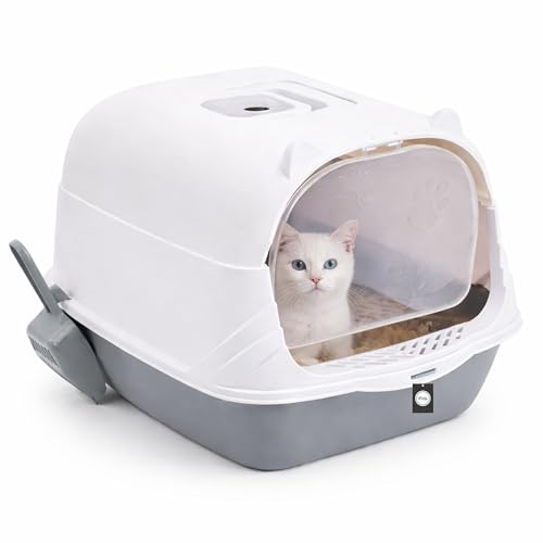 Image of Cat Litter Box with Scooper - (Dome Tray) (49 x 36 x 36 cm) for Small Cats & Kittens | 19 inch Hooded Toilet with Flap Door | Anti-Tracking Design, Spacious Easy-Clean Tray for Indoor Use