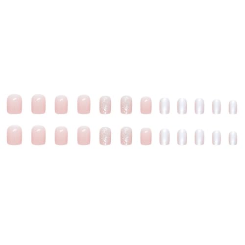 Pink Press on Nails Short Square Fake Nails Nude Pink False Nails Press ons with Designs Glitter Glossy Full Cover Cute Acrylic Glue on Nails Artificial Stick on Nails for Women Manicure 24Pcs