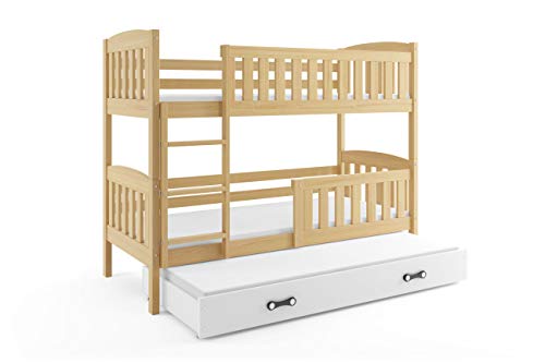 Cama litera Triple Jacob, Color Pino, para colchones de 190 * 90, con somieres y colchones de Espuma Gratis! Cajon- Nuevo diseño con tiramtes! Promo!