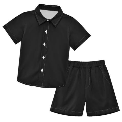 Image of 3T Toddler Boy Shorts Set Black Hawaiian Button Down Shirts Summer Outfits for Little Boy