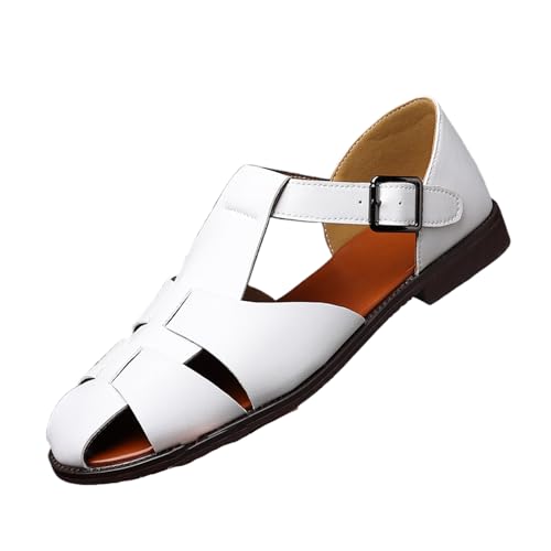 Image of Men's Leather Hollow Flat Fisherman Sandals with Buckle Comfortable Round Toe Breathable Low Heel Non-slip Roman Sandals for Leisure, Work, Driving