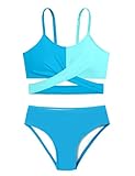 AGERWAY Girl Swimsuit Girls Bathing Suits Size 12-14 Color Block Bikini Set Two Piece Criss Cross Tween Girls Swimsuits Adjustable Shoulder Straps Blue 13-14 Years