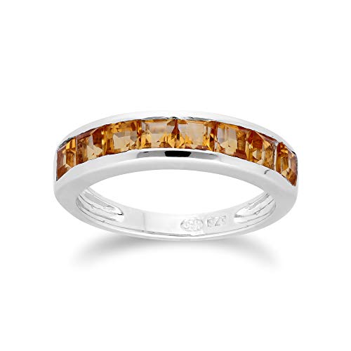 White Gold 9k Eight Square Citrine 3x3 mm Half Eternity Anniversary Ring Size 5, 6, 6.5, 6.75, 7.5, And 8.25 Contemporary Design For Women November Birthstone Promise Band