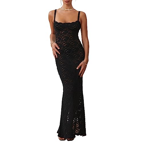 Women’s Cocktail Dress Sexy Lace Hollow Out Transparent Sleeveless Spaghetti Straps Slim Fit Maxi Party Club Evening Dress2