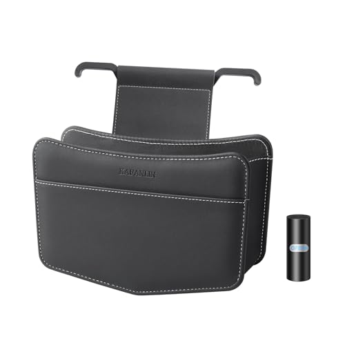 Image of Car Trash Can Small Leather Vehicle Trash Bin Car Dustbin Garbage Organizer Holder with Trash Bag Foldable Mini Cars Storage Bag Container for Auto SUV Van Trucks (Black,Hanging Hook)