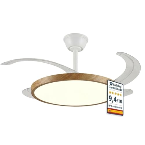 Lampara Techo con Ventilador | Ventilador Retractil Techo Silencioso | Aspas Plegables y Motor DC 30W Potente, 6 velocidades, Función Verano Invierno con temporizador | Luz LED 40W dimable (Madera)