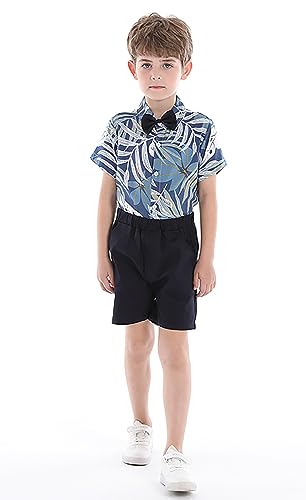 Image of Toddler Baby Boy Summer Clothes Set Floral Shirt Bow-tie Shorts Hawaiian Outfit