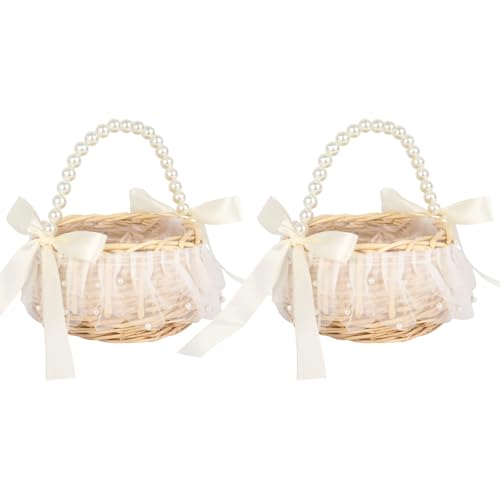 Blumenmädchen Korb 20×16 cm mit Henkel & Satin Schleife Blumenkörbchen Hochzeit für Blumenkinder Weiß
