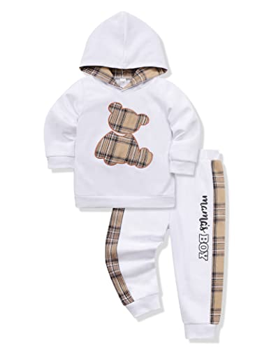 Toddler Baby Boy Clothes Outfits Plaid Bear Long Sleeve Hoodie Patchwork Pant Boy 2PC Outfit Set