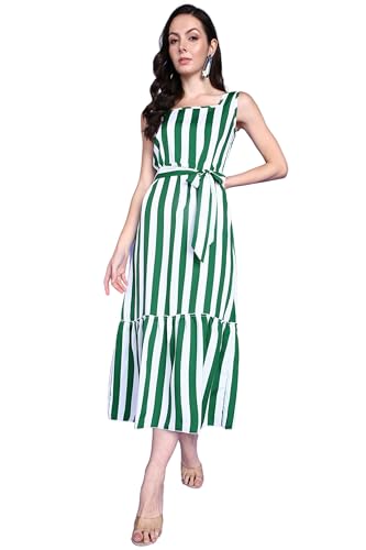 Image of POPWINGS Women Casual Blue & White Stripe Long Belt Dress Dress | Stylish Dress | Trendy Dress