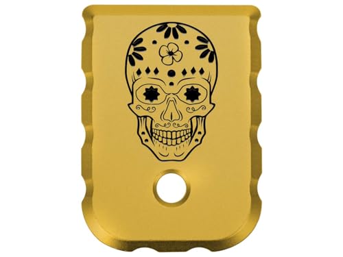 NDZ Performance Extra Thick Magazine Base Plate for Glock Gen 1-5 – Fits G17, G19, G22, G23, G26, G27, G34, G45 – Gold Aluminum w/Black Laser Engraving, Sugar Skull