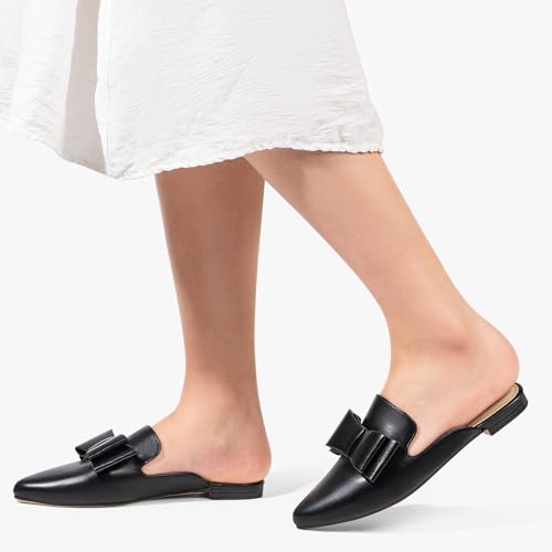 Image of MUSSHOE Mules for Women with Bow Knot: Pointed Toe Flats - Cloud-Cushion Suede Backless Loafers for Office & Casual Wear - Wide-Fit Friendly Slip On Slides with Memory Foam