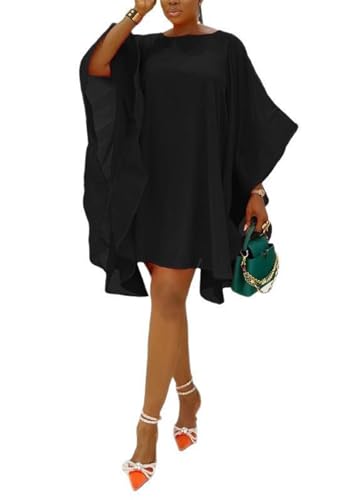 Women Formal Batwing Sleeve Mini Dress Casual Loose Fit Cold Shoulder Ruffle Hem Summer Dresses