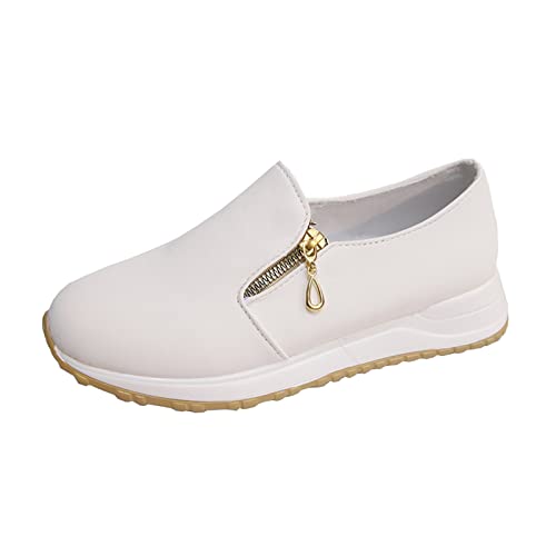 CsgrFagr Ladies Fashion Solid Color Cloth Side Zipper Round Toe Flat Casual Sports Shoes Wide Width Women (White, 7)