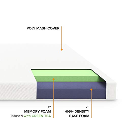 Image of Best Price Mattress 3 Inch Memory Foam Mattress Topper with Cover, Calming Green Tea Infusion, CertiPUR-US Certified, Short Queen White
