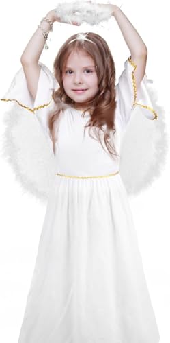 DERAYEE Costume d'ange pour Noël,Robe d'ange avec des Ailes et un Serre-tête Fille,Déguisement Costume d'ange Enfant pour Noël Cosplay Halloween Carnaval (L)