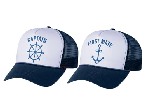 Funny Captain & First Mate Nautical Sailing Matching Mesh Caps Set Couples Gift Captain Navy/White OS/Mate Navy/White OS